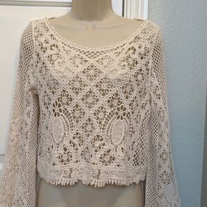 GLG Boho Festival Crochet Crop Top Long Sleeve Blouse Size S